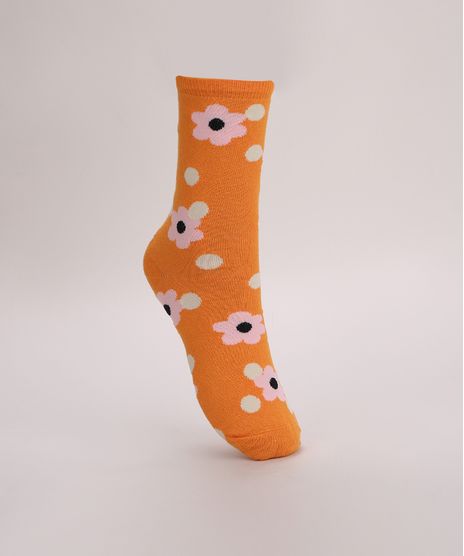 Meia-Feminina-Cano-Alto-Estampado-Floral-Laranja-9971029-Laranja_1