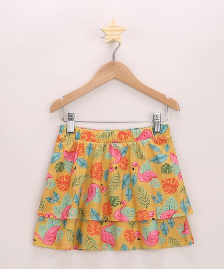 Saia-Infantil-Estampada-de-Flamingos-em-Camadas-Mostarda-9965412-Mostarda_1