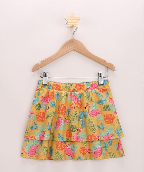 Saia-Infantil-Estampada-de-Flamingos-em-Camadas-Mostarda-9965412-Mostarda_1