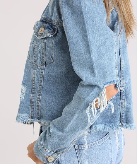 jaqueta jeans cropped destroyed