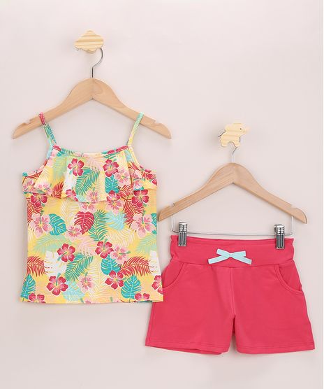 Conjunto-Infantil-de-Regata-Estampada-Floral-Alca-Fina-Amarela---Short-com-Laco-Pink-9968649-Pink_1