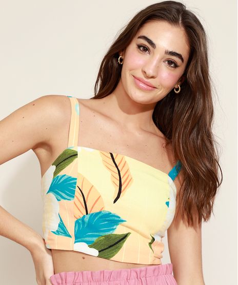 Top-Cropped-Feminino-Estampada-de-Folhagens-Alca-Media-Decote-Reto-Laranja-Claro-9957410-Laranja_Claro_1