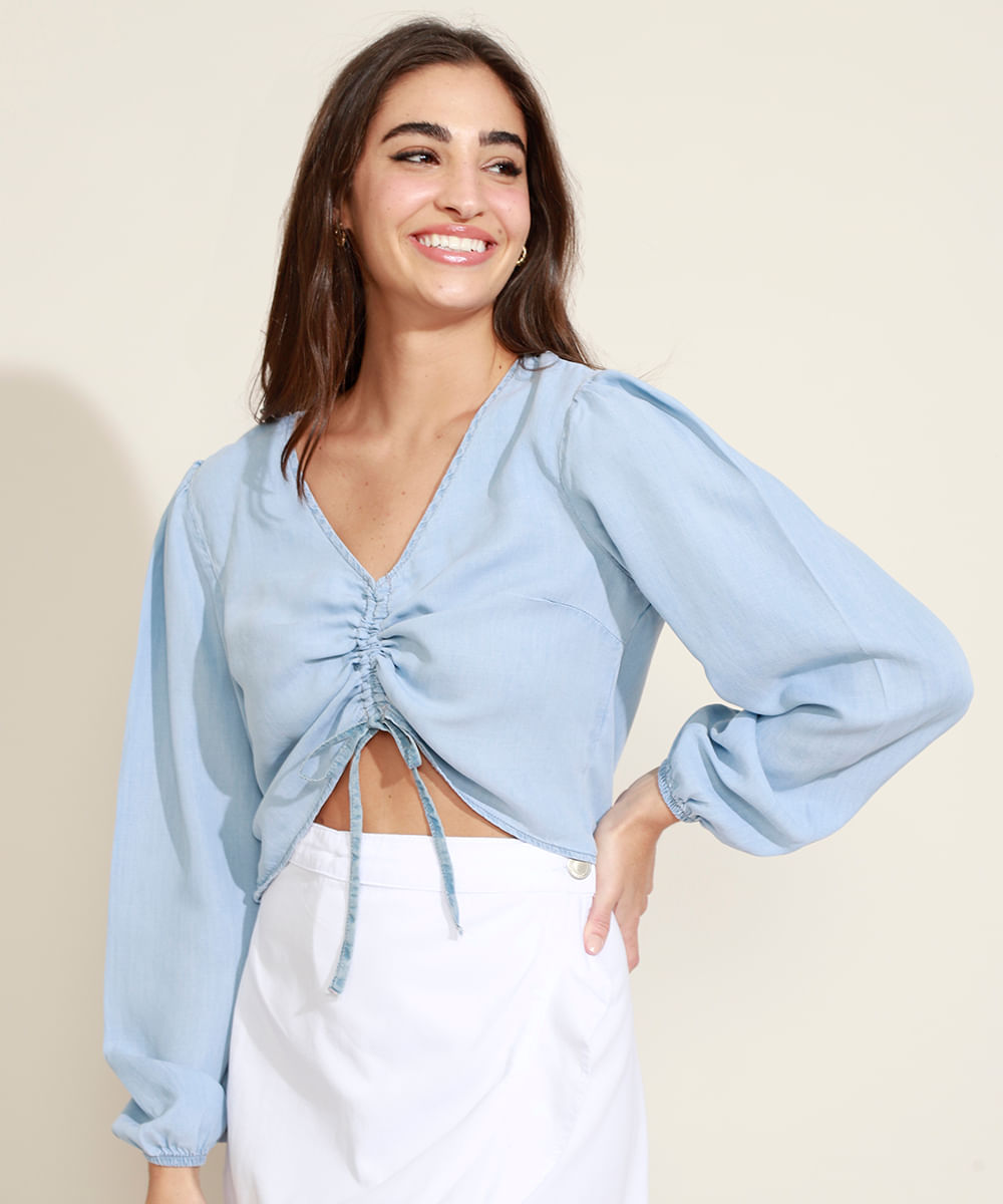 Blusa Feminina Cropped com Canaleta Manga Longa Bufante Decote V Azul Claro