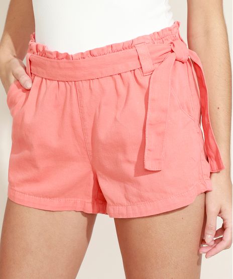 Short-de-Sarja-Feminino-Clochard-Cintura-Super-Alta-com-Faixa-para-Amarrar-Coral-9968291-Coral_1