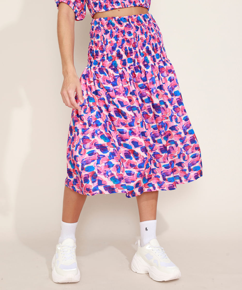 Saia Feminina Mindset Midi Estampada Poá Aquarela com Lastex Multicor
