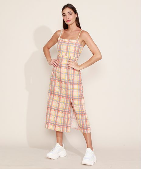 Vestido-Feminino-Mindset-Midi-Estampado-Xadrez-com-Fenda-Alca-Fina-Multicor-9976994-Multicor_1