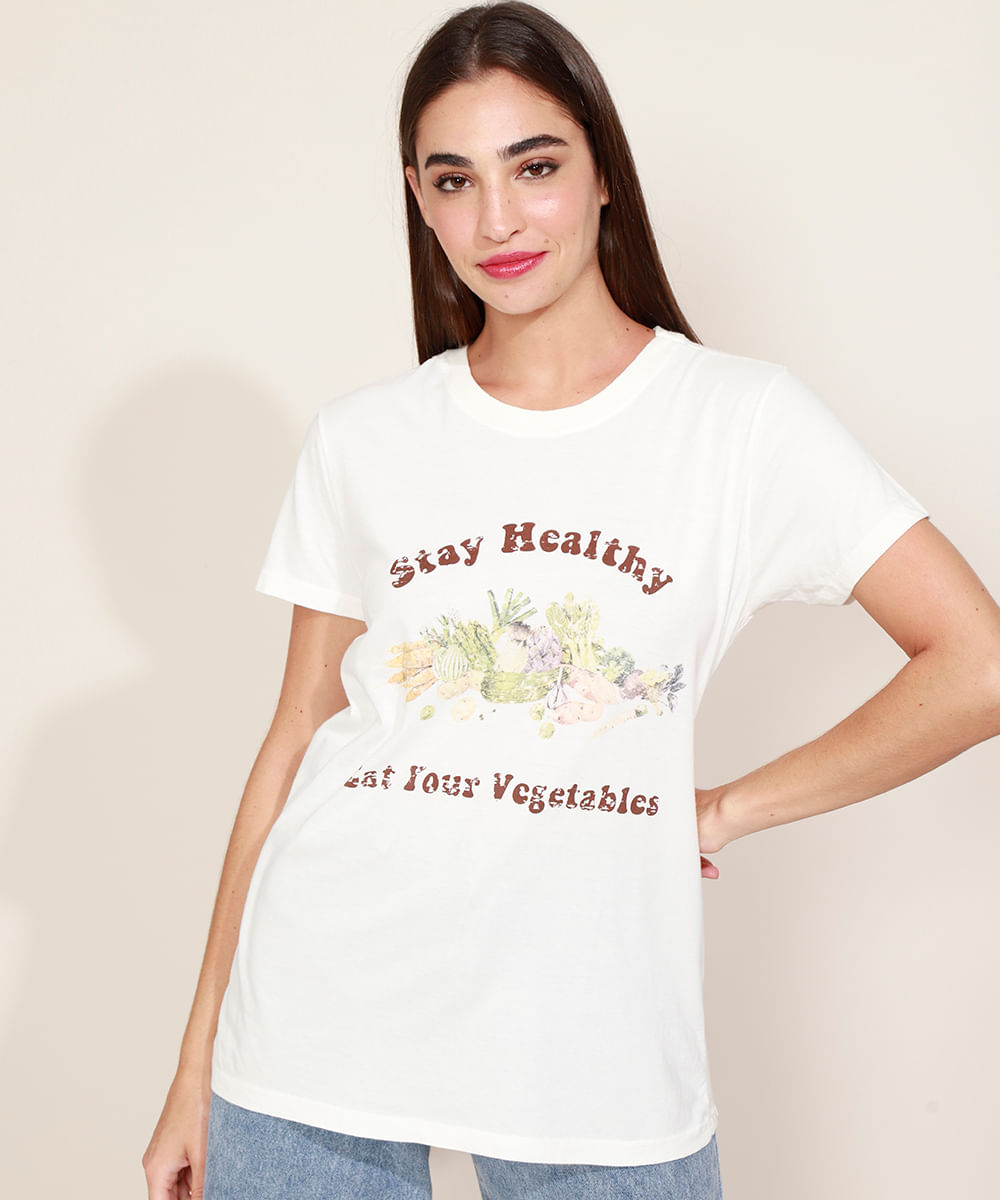 T-Shirt Feminina Mindset Stay Healthy" Manga Curta Decote Redondo Off White"