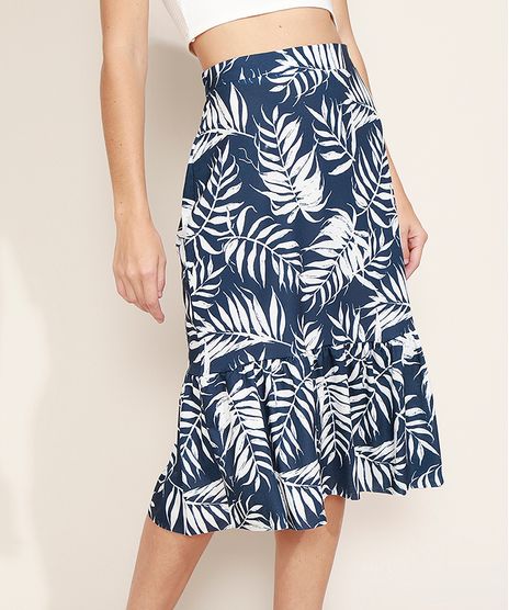 Saia-Feminina-Midi-Estampada-de-Folhagem-com-Recorte-Azul-Marinho-9967424-Azul_Marinho_1