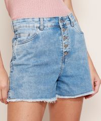 Short-Jeans-Feminino-Hot-Pant-Cintura-Alta-Marmorizado-com-Botoes-e-Barra-Desfiada-Azul-Claro-9971590-Azul_Claro_1