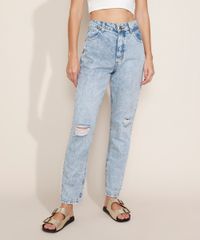 Calca-Jeans-Feminina-Mom-Cintura-Alta-Marmorizada-Destroyed-Azul-Claro-9971892-Azul_Claro_1