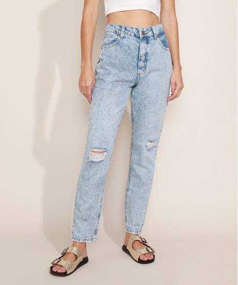 Calca-Jeans-Feminina-Mom-Cintura-Alta-Marmorizada-Destroyed-Azul-Claro-9971892-Azul_Claro_1