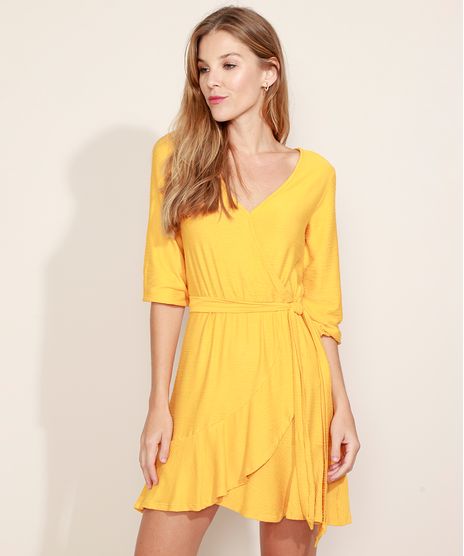 Vestido-Feminino-Curto-Transpassado-Texturizado-com-Faixa-para-Amarrar-Manga-3-4-Mostarda-9963262-Mostarda_1