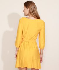 Vestido-Feminino-Curto-Transpassado-Texturizado-com-Faixa-para-Amarrar-Manga-3-4-Mostarda-9963262-Mostarda_2