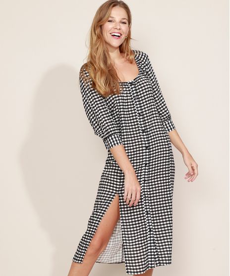Vestido-Feminino-Midi-Estampado-Xadrez-Vichy-com-Botoes-e-Fenda-Manga-Bufante-Preto-9972165-Preto_1