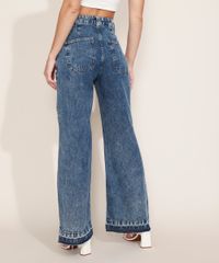 Calca-Jeans-Feminina-Wide-Reta-Cintura-Alta-Marmorizada-com-Barra-Desfeita-Azul-Medio-9971893-Azul_Medio_2