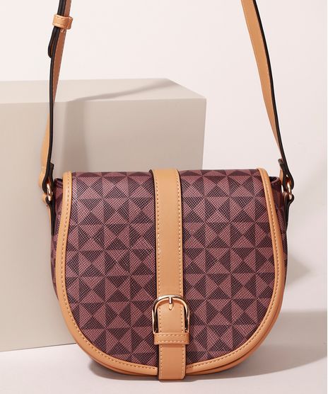 Bolsa-Feminina-Transversal-Pequena-Estampada-Geometrica-com-Fivela-Marrom-9915793-Marrom_1