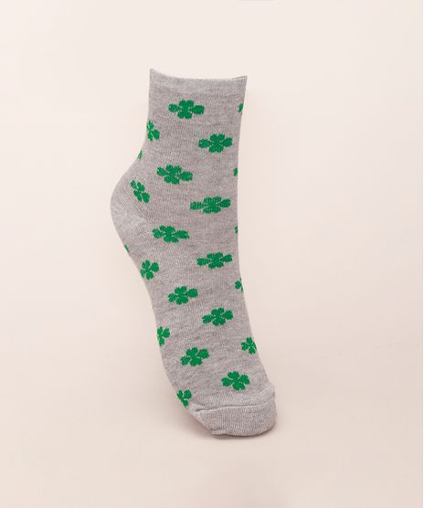 Meia-Feminina-Cano-Alto-Estampada-Trevo-de-Quatro-Folhas-Cinza-Mescla-9972130-Cinza_Mescla_1