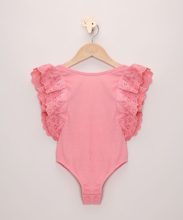 Body Infantil com Babado em Laise Sem Manga Rosa 4