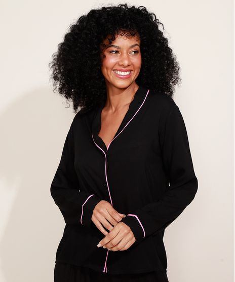 Camisa-de-Pijama-Feminina-com-Vivo-Contrastante-Manga-Longa-Preta-9970117-Preto_1