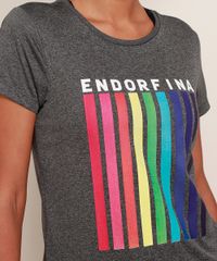 Blusa Esportiva Feminina Decote Redondo Cinza estampa escrita endorfina