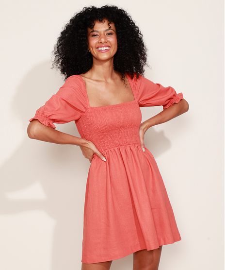 Vestido-Feminino-Curto-com-Linho-e-Lastex-Manga-Bufante-Coral-9974782-Coral_1