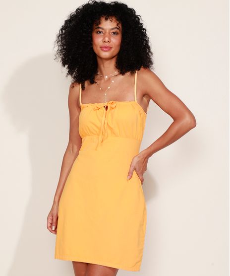 Vestido-de-Sarja-Feminino-Curto-com-Laco-e-Lastex-Alca-Fina-Laranja-Claro-9971578-Laranja_Claro_1