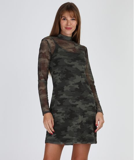 Vestido-de-Tule-Feminino-Curto-Estampado-Camuflado-Manga-Longa-Gola-Alta-Verde-Militar-9945931-Verde_Militar_1