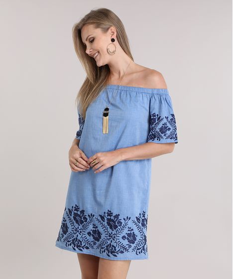 Vestido Jeans Ombro a Ombro com Bordado Floral Azul Claro - cea
