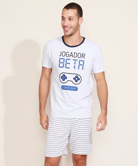 Pijama-Masculino--Jogador-Beta--Video-Game-com-Listras-Manga-Curta-Cinza-Mescla-Claro-9969156-Cinza_Mescla_Claro_1