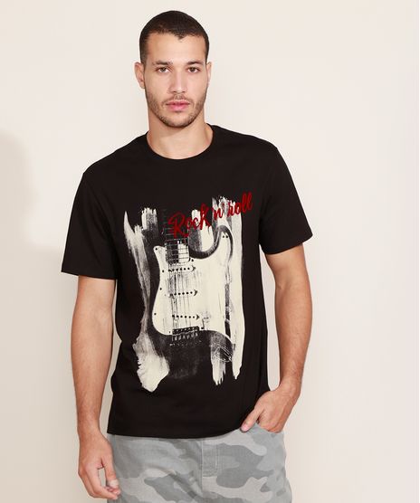 Camiseta-Masculina--Rock-n--Roll--Guitarra-Flocada-Manga-Curta-Gola-Careca-Preta-9966708-Preto_1