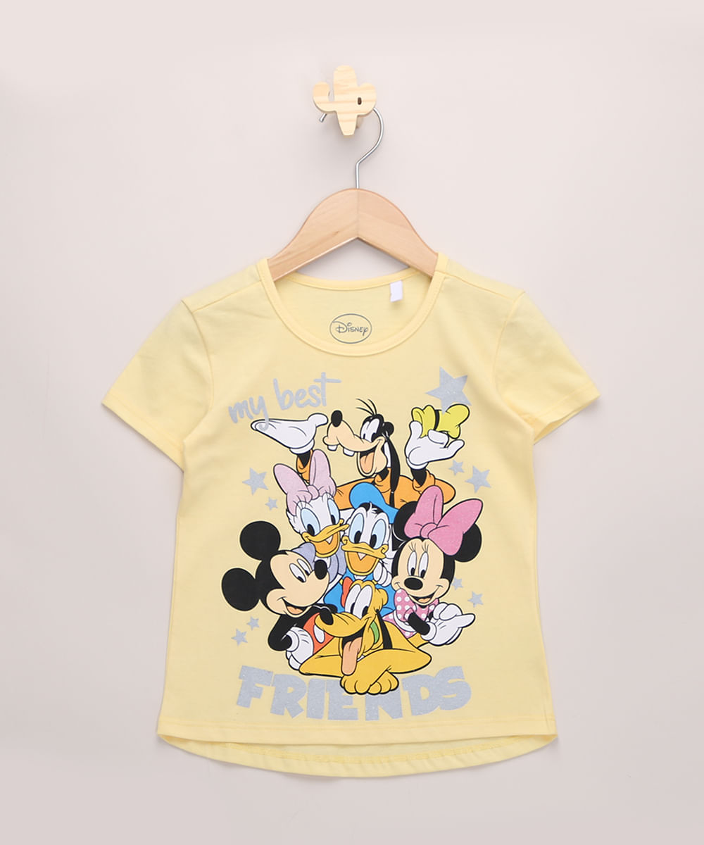 Blusa Infantil Turma do Mickey com Glitter Manga Curta Amarela