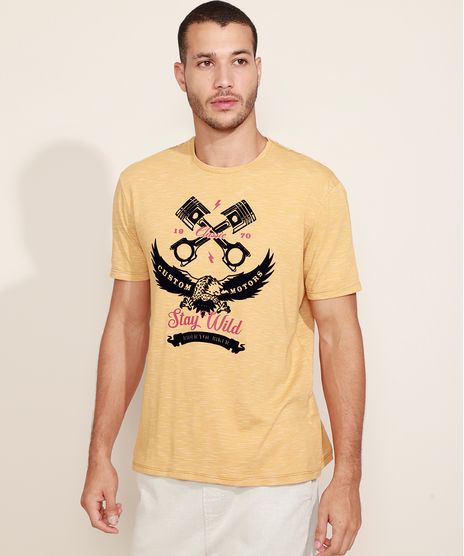 Camiseta-Masculina-Aguia--Stay-Wild--Flocada-Manga-Curta-Gola-Careca-Mostarda-9974485-Mostarda_1