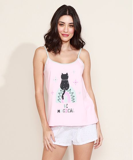 Pijama-Feminino-Gatinho-com-Poa-Alca-Fina-Rosa-9966059-Rosa_1