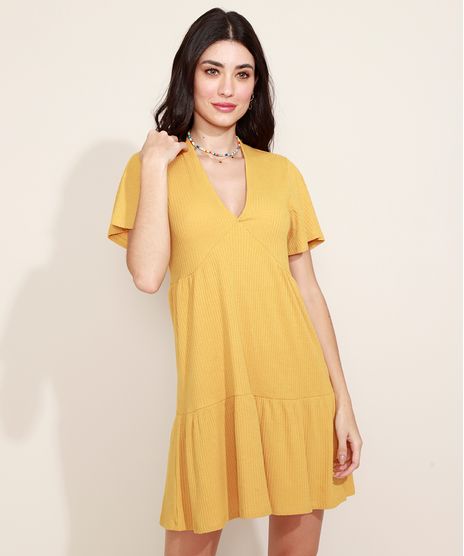 Vestido-Feminino-Curto-Canelado-com-Babado-e-Amarracao-Manga-Curta-Mostarda-9960949-Mostarda_1