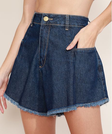 Short-Jeans-Feminino-Sawary-Gode-Cintura-Alta-com-Pregas-e-Barra-Desfiada-Azul-Escuro-9974666-Azul_Escuro_1