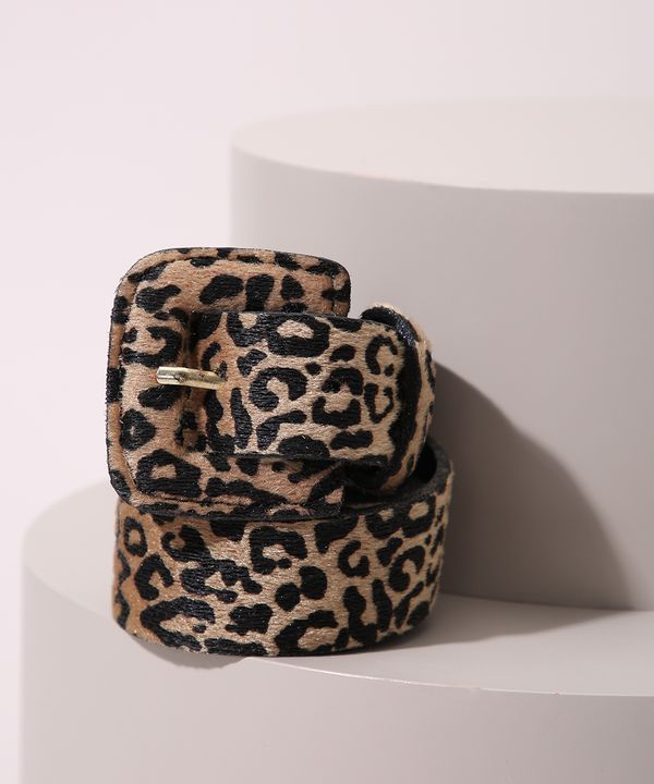 Cinto Feminino Médio de Pelo Animal Print Onça Marrom 85CM