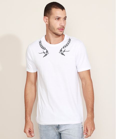 Camiseta-Masculina-com-Bordado-de-Passaros-Manga-Curta-Gola-Careca-Branca-9966821-Branco_1