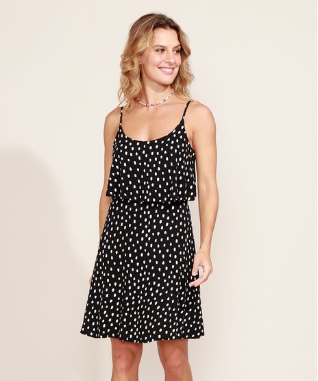 Vestido-Feminino-Curto-Evase-Estampado-de-Poa-com-Sobreposicao-Alca-Fina-Preto-9969496-Preto_1