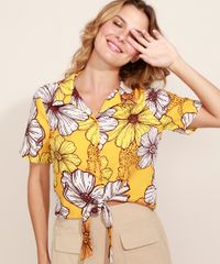 Camisa-Feminina-Estampada-Floral-Onca-com-No-Manga-Curta-Amarela-9964110-Amarelo_5