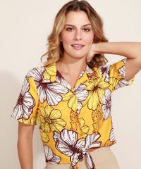 Camisa-Feminina-Estampada-Floral-Onca-com-No-Manga-Curta-Amarela-9964110-Amarelo_6
