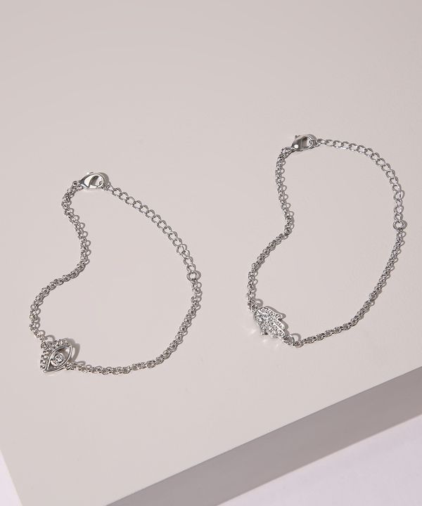 Kit de 2 Pulseiras Femininas com Pingente de Olho e Mão Prateado Único