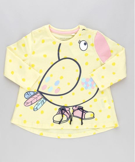 Blusa-Interativa-Passarinho-Estampada-de-Poa-em-Algodao---Sustentavel-Amarelo-Claro-8894807-Amarelo_Claro_1