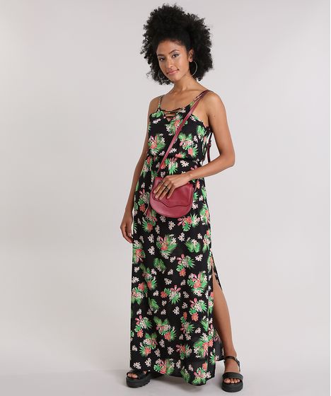 vestido longo floral com fenda e aberto nas costas