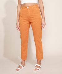 Calca-de-Sarja-Feminina-Reta-Cintura-Alta-com-Recortes-Laranja-9971602-Laranja_1