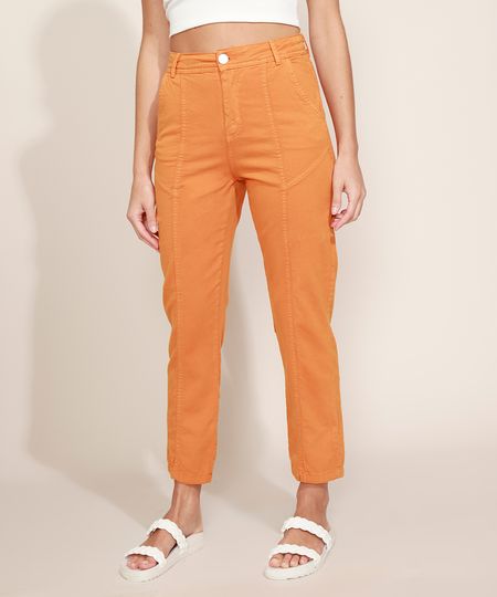 Calca-de-Sarja-Feminina-Reta-Cintura-Alta-com-Recortes-Laranja-9971602-Laranja_1