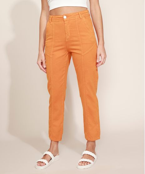 Calca-de-Sarja-Feminina-Reta-Cintura-Alta-com-Recortes-Laranja-9971602-Laranja_1