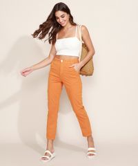 Calca-de-Sarja-Feminina-Reta-Cintura-Alta-com-Recortes-Laranja-9971602-Laranja_3