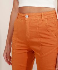 Calca-de-Sarja-Feminina-Reta-Cintura-Alta-com-Recortes-Laranja-9971602-Laranja_4