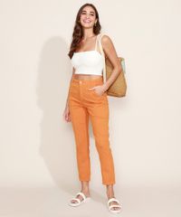 Calca-de-Sarja-Feminina-Reta-Cintura-Alta-com-Recortes-Laranja-9971602-Laranja_5