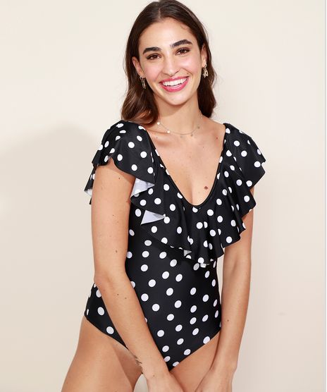 Maio-Body-Estampado-de-Poa-com-Babado-e-Bojo-Manga-Curta-Protecao-UV50--Preto-9971919-Preto_1